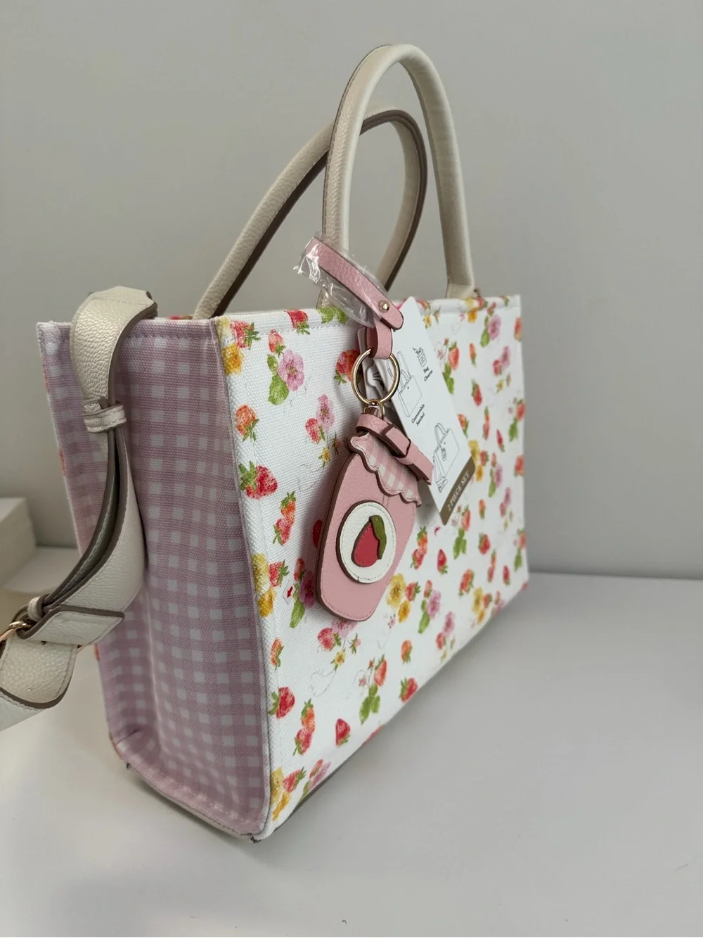 Floral Canvas Tote with Pink Charm - Women Bags